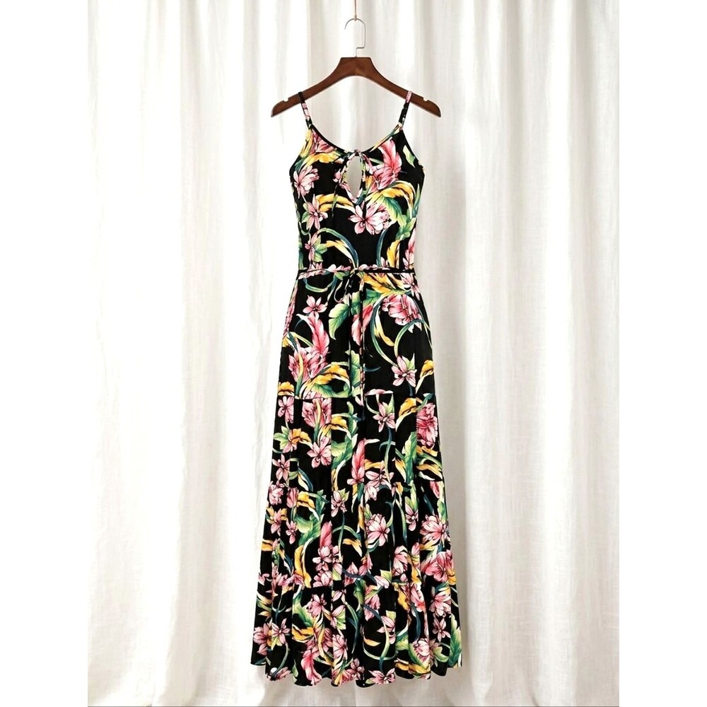 Band of Gypsies Black Colorful Tropical Floral Tiered Boho Maxi Dress